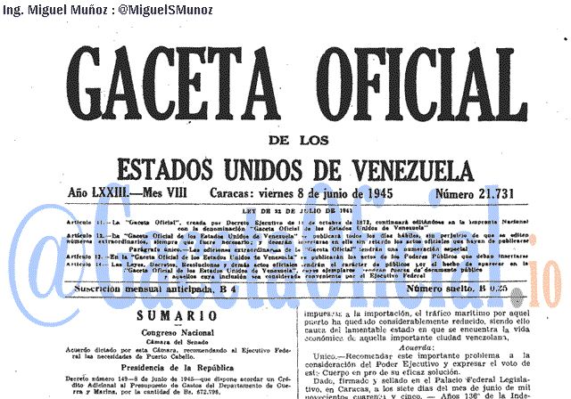 Gaceta Oficial 21731 del 8 Junio 1945