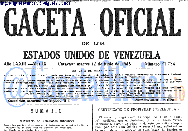 Gaceta Oficial 21734 del 12 Junio 1945