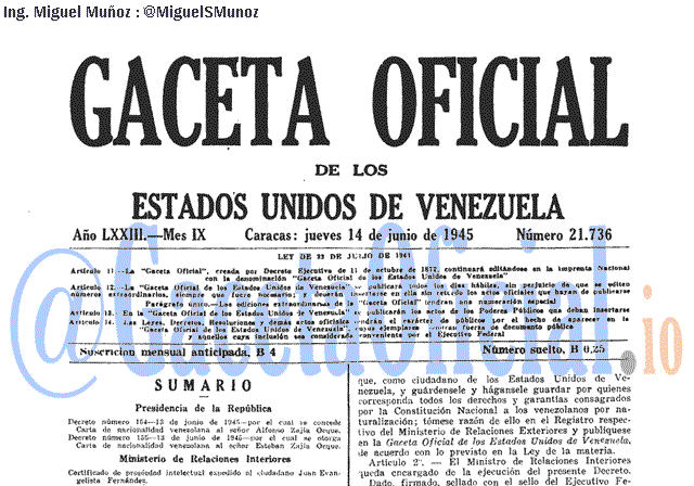 Gaceta Oficial 21736 del 14 Junio 1945