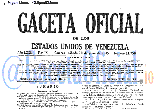 Gaceta Oficial 21750 del 30 Junio 1945