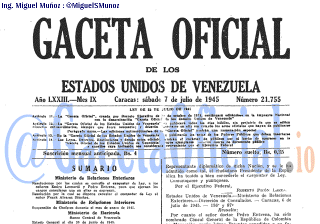 Gaceta Oficial 21755 del 7 Julio 1945