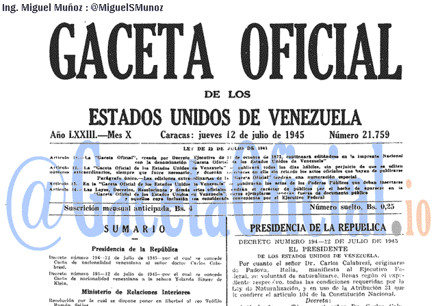Gaceta Oficial 21759 del 12 Julio 1945