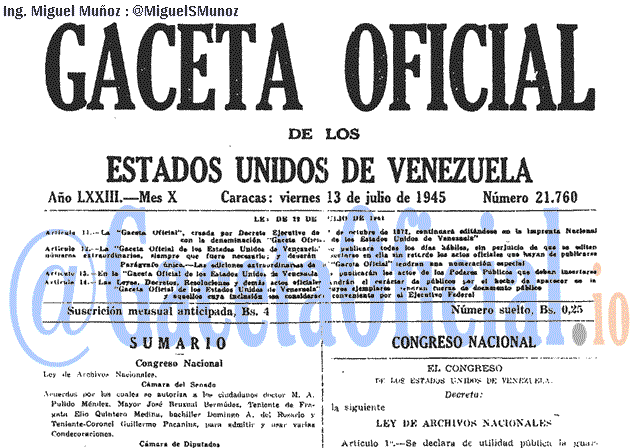 Gaceta Oficial 21760 del 13 Julio 1945