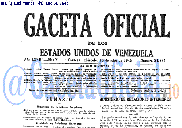 Gaceta Oficial 21764 del 18 Julio 1945