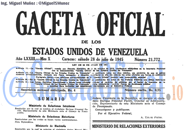 Gaceta Oficial 21772 del 28 Julio 1945