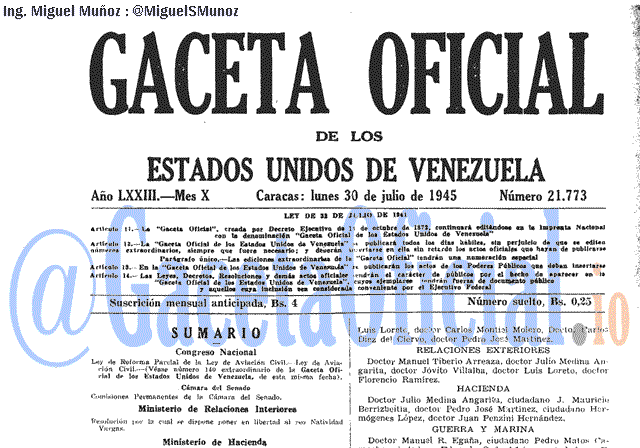 Gaceta Oficial 21773 del 30 Julio 1945