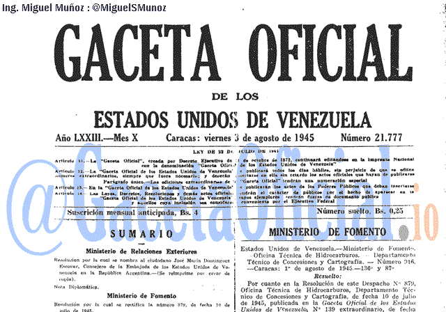 Gaceta Oficial 21777 del 3 Agosto 1945
