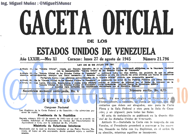 Gaceta Oficial 21796 del 27 Agosto 1945