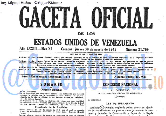 Gaceta Oficial 21799 del 30 Agosto 1945