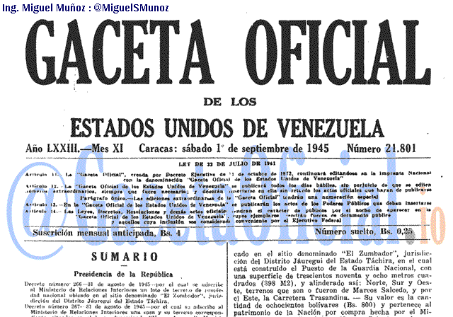 Gaceta Oficial 21801 del 1 Septiembre 1945