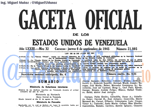Gaceta Oficial 21805 del 6 Septiembre 1945