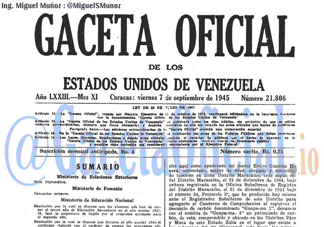 Gaceta Oficial 21806 del 7 Septiembre 1945