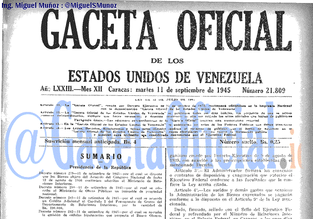 Gaceta Oficial 21809 del 11 Septiembre 1945