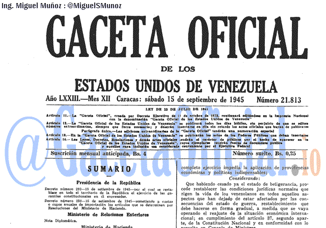 Gaceta Oficial 21813 del 15 Septiembre 1945