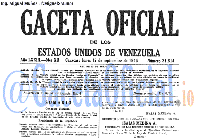 Gaceta Oficial 21814 del 17 Septiembre 1945