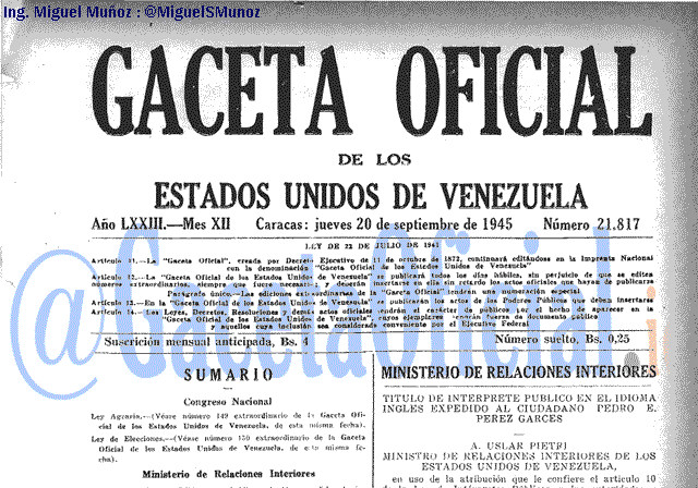 Gaceta Oficial 21817 del 20 Septiembre 1945