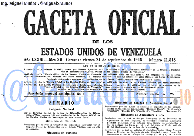 Gaceta Oficial 21818 del 21 Septiembre 1945