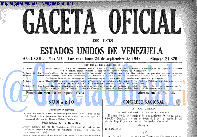 Gaceta Oficial 21820 del 24 Septiembre 1945