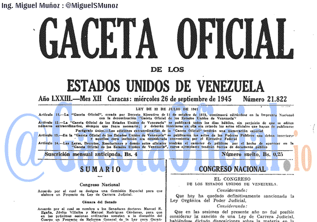 Gaceta Oficial 21822 del 26 Septiembre 1945
