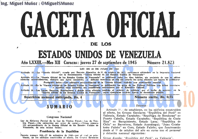 Gaceta Oficial 21823 del 27 Septiembre 1945