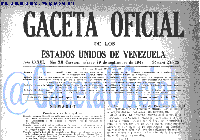 Gaceta Oficial 21825 del 29 Septiembre 1945