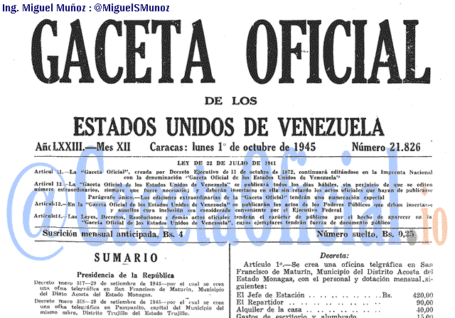 Gaceta Oficial 21826 del 1 Octubre 1945