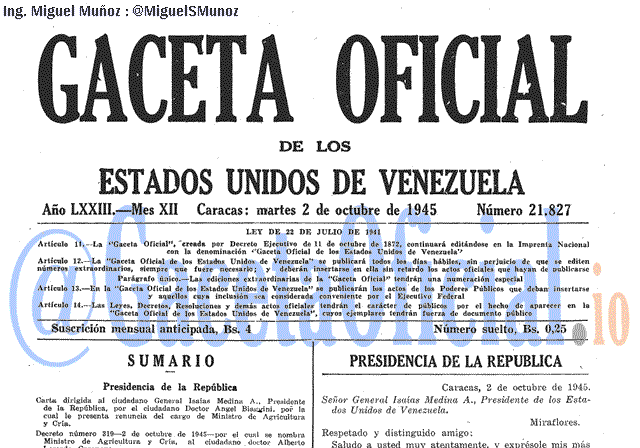 Gaceta Oficial 21827 del 2 Octubre 1945