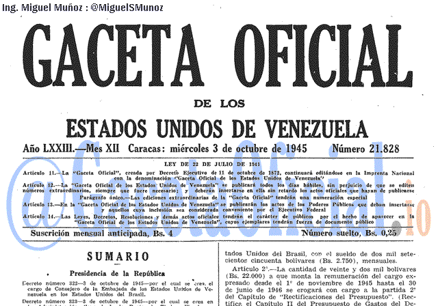 Gaceta Oficial 21828 del 3 Octubre 1945