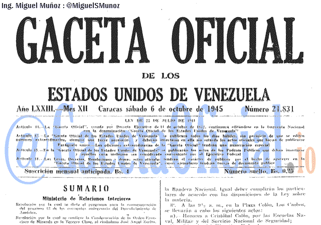 Gaceta Oficial 21831 del 6 Octubre 1945