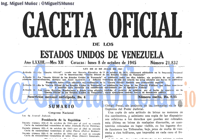 Gaceta Oficial 21832 del 8 Octubre 1945
