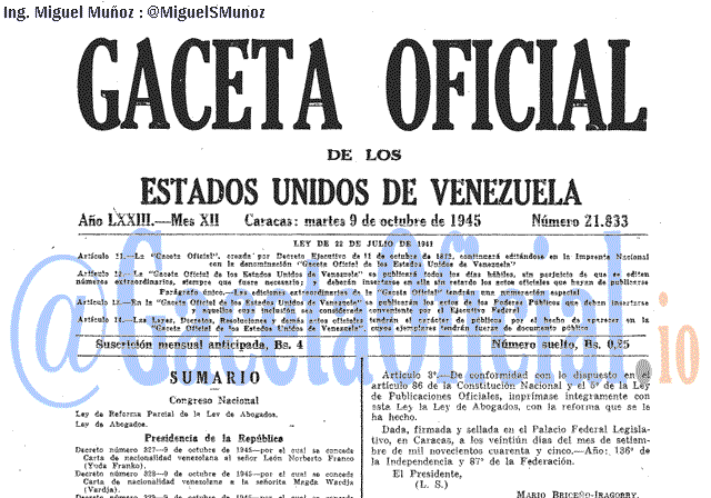 Gaceta Oficial 21833 del 9 Octubre 1945