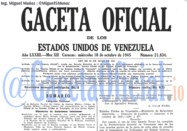 Gaceta Oficial 21834 del 10 Octubre 1945