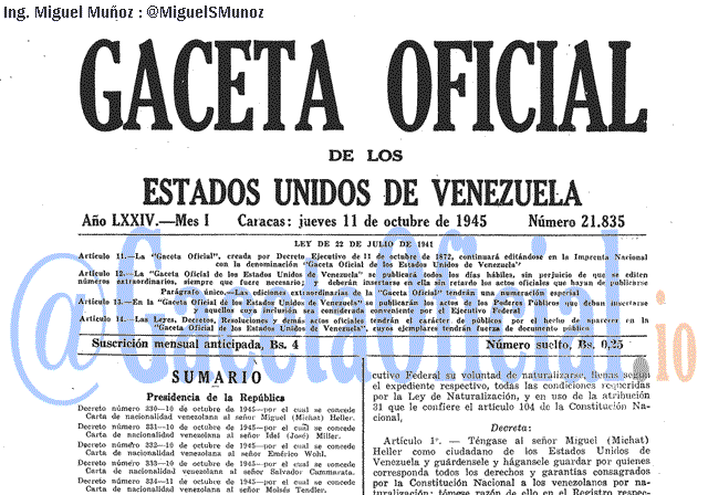 Gaceta Oficial 21835 del 11 Octubre 1945