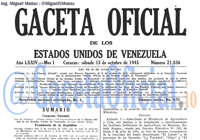 Gaceta Oficial 21836 del 13 Octubre 1945