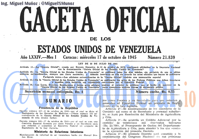 Gaceta Oficial 21839 del 17 Octubre 1945