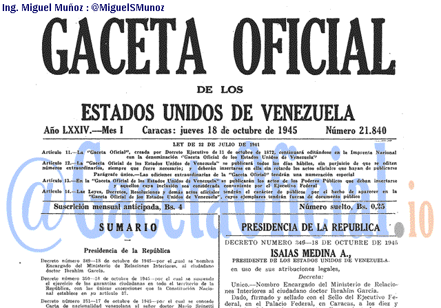 Gaceta Oficial 21840 del 18 Octubre 1945