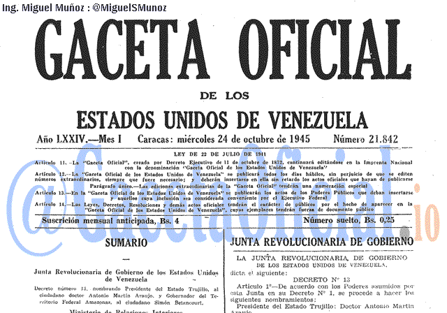 Gaceta Oficial 21842 del 24 Octubre 1945