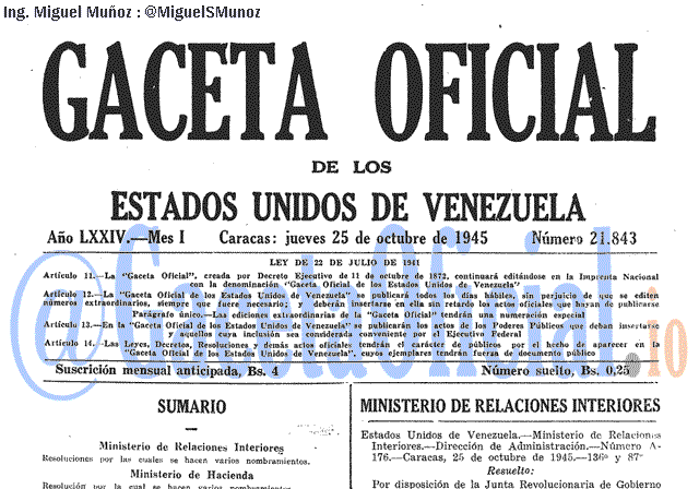 Gaceta Oficial 21843 del 25 Octubre 1945