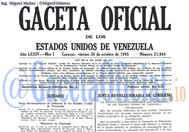 Gaceta Oficial 21844 del 26 Octubre 1945