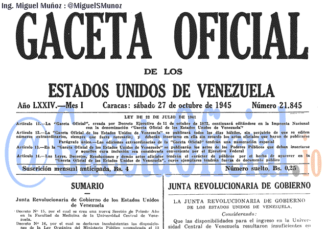 Gaceta Oficial 21845 del 27 Octubre 1945