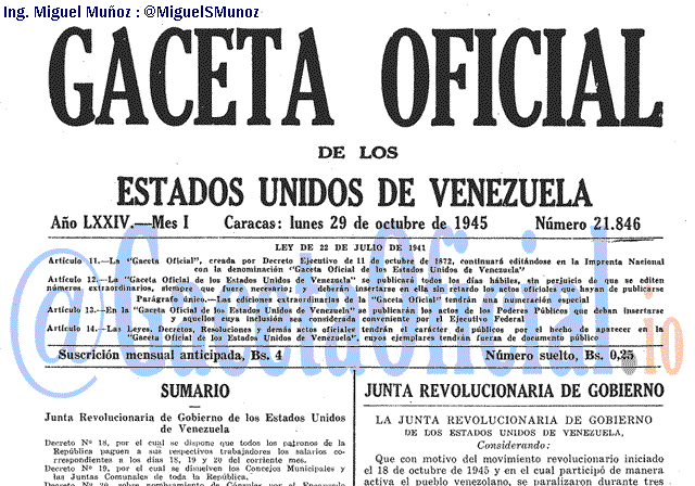 Gaceta Oficial 21846 del 29 Octubre 1945
