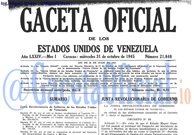 Gaceta Oficial 21848 del 31 Octubre 1945