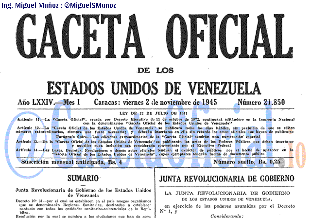 Gaceta Oficial 21850 del 2 Noviembre 1945