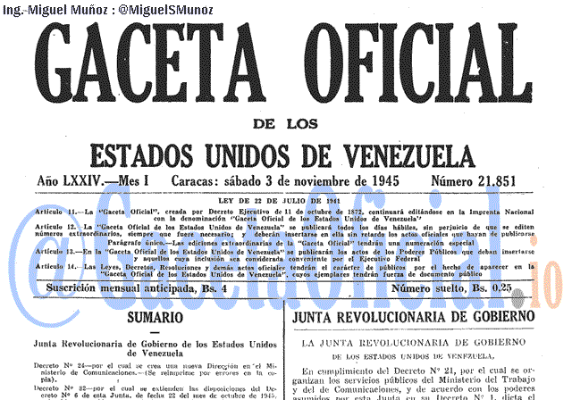 Gaceta Oficial 21851 del 3 Noviembre 1945