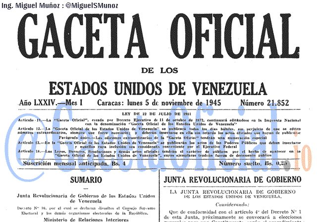 Gaceta Oficial 21852 del 5 Noviembre 1945