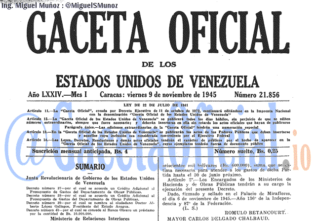 Gaceta Oficial 21856 del 9 Noviembre 1945