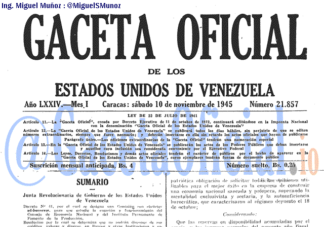 Gaceta Oficial 21857 del 10 Noviembre 1945