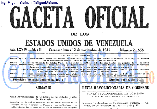 Gaceta Oficial 21858 del 12 Noviembre 1945