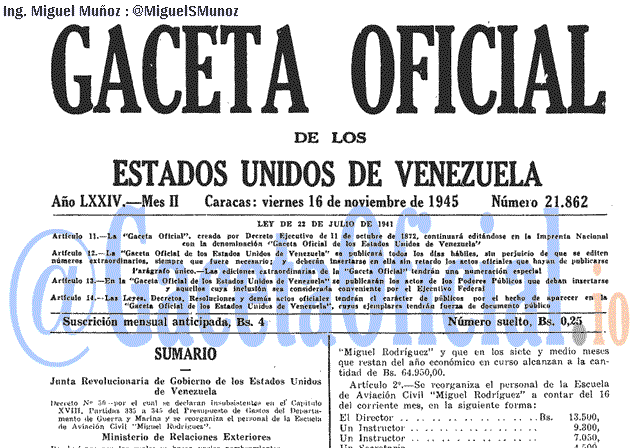 Gaceta Oficial 21862 del 16 Noviembre 1945