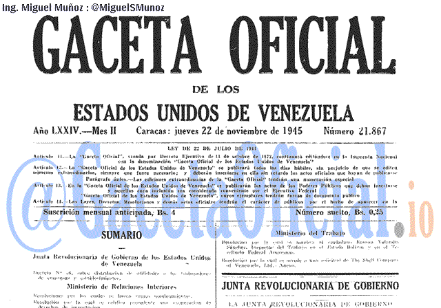 Gaceta Oficial 21867 del 22 Noviembre 1945
